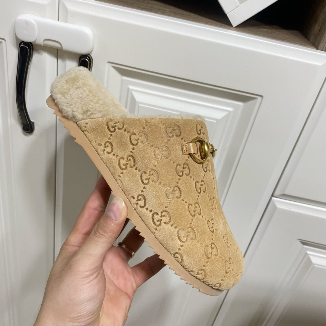 GG Horsebit Mules Beige Wool Leather