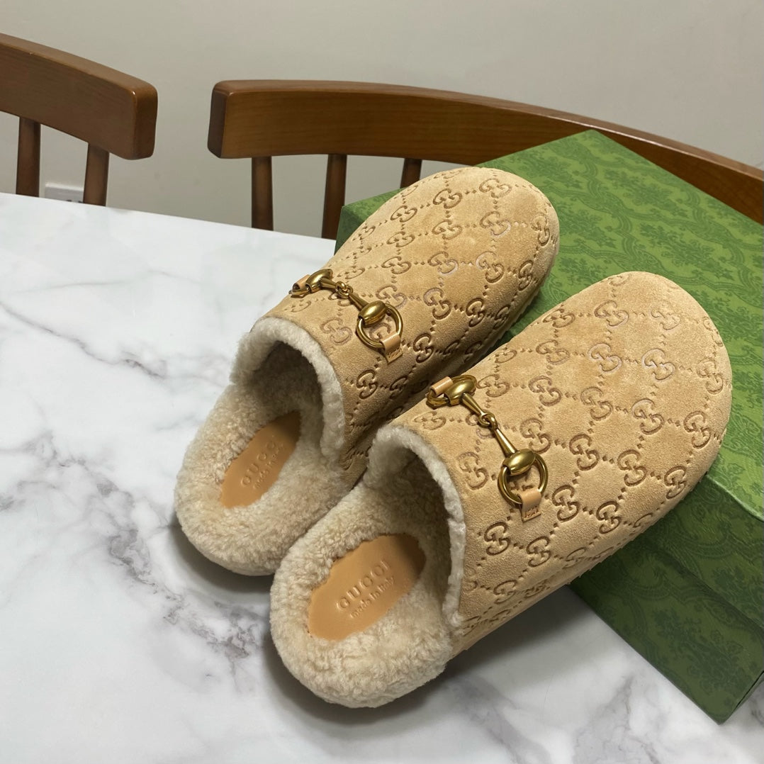 GG Horsebit Mules Beige Wool Leather