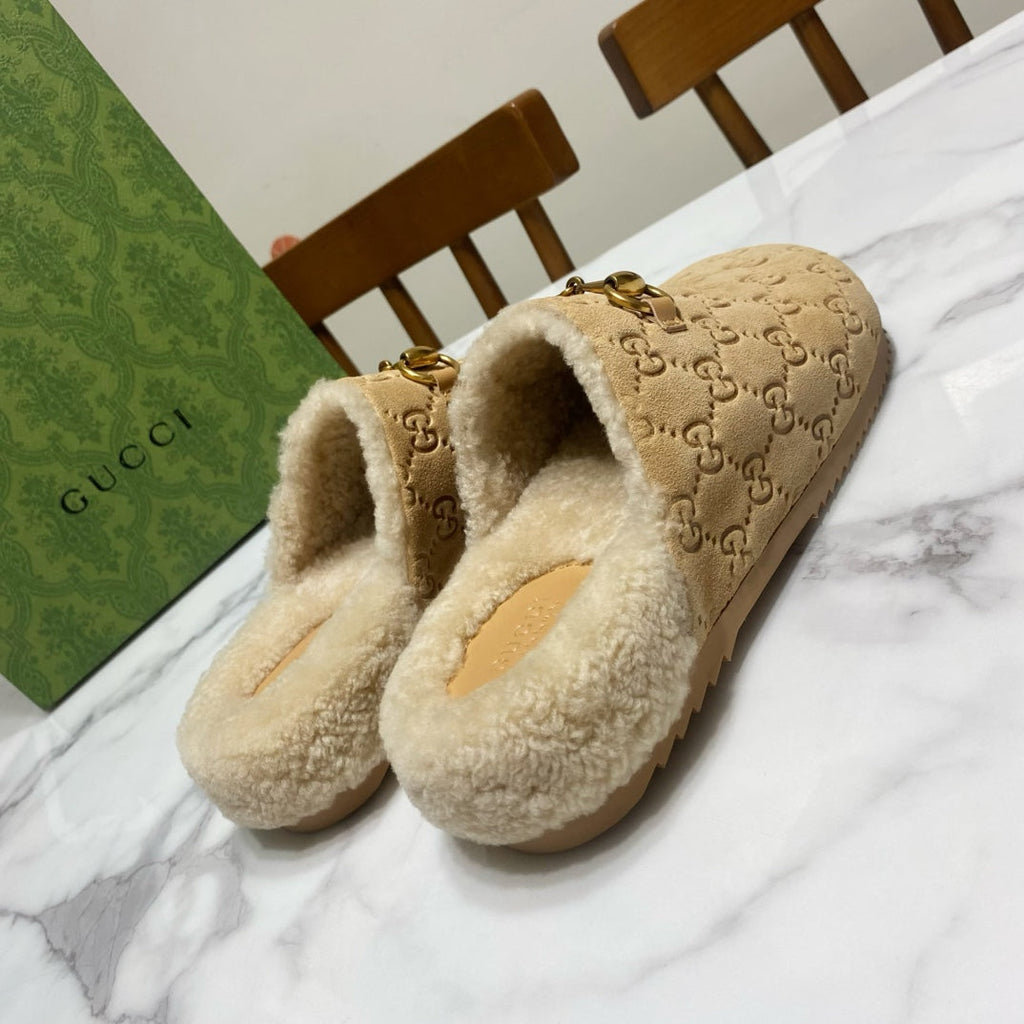 GG Horsebit Mules Beige Wool Leather