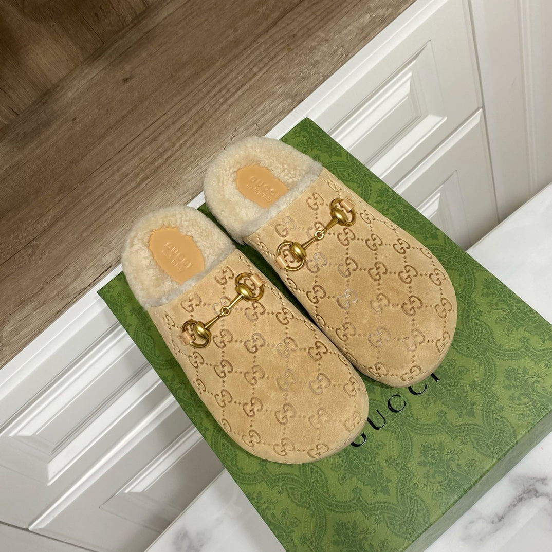 GG Horsebit Mules Beige Wool Leather