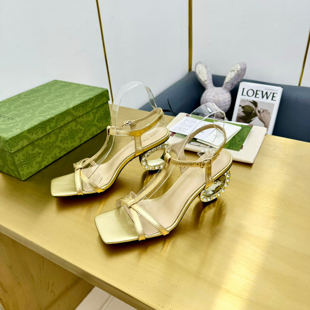 MEDIUM-HEEL SANDAL IN GOLD CALFSKIN WITH RHINSTONES