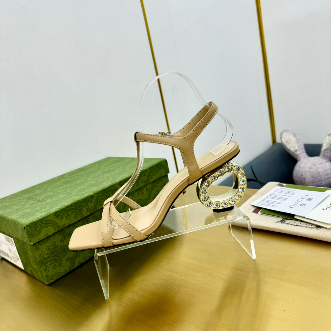 MEDIUM-HEEL SANDAL IN TAN BEIGE CALFSKIN WITH RHINSTONES
