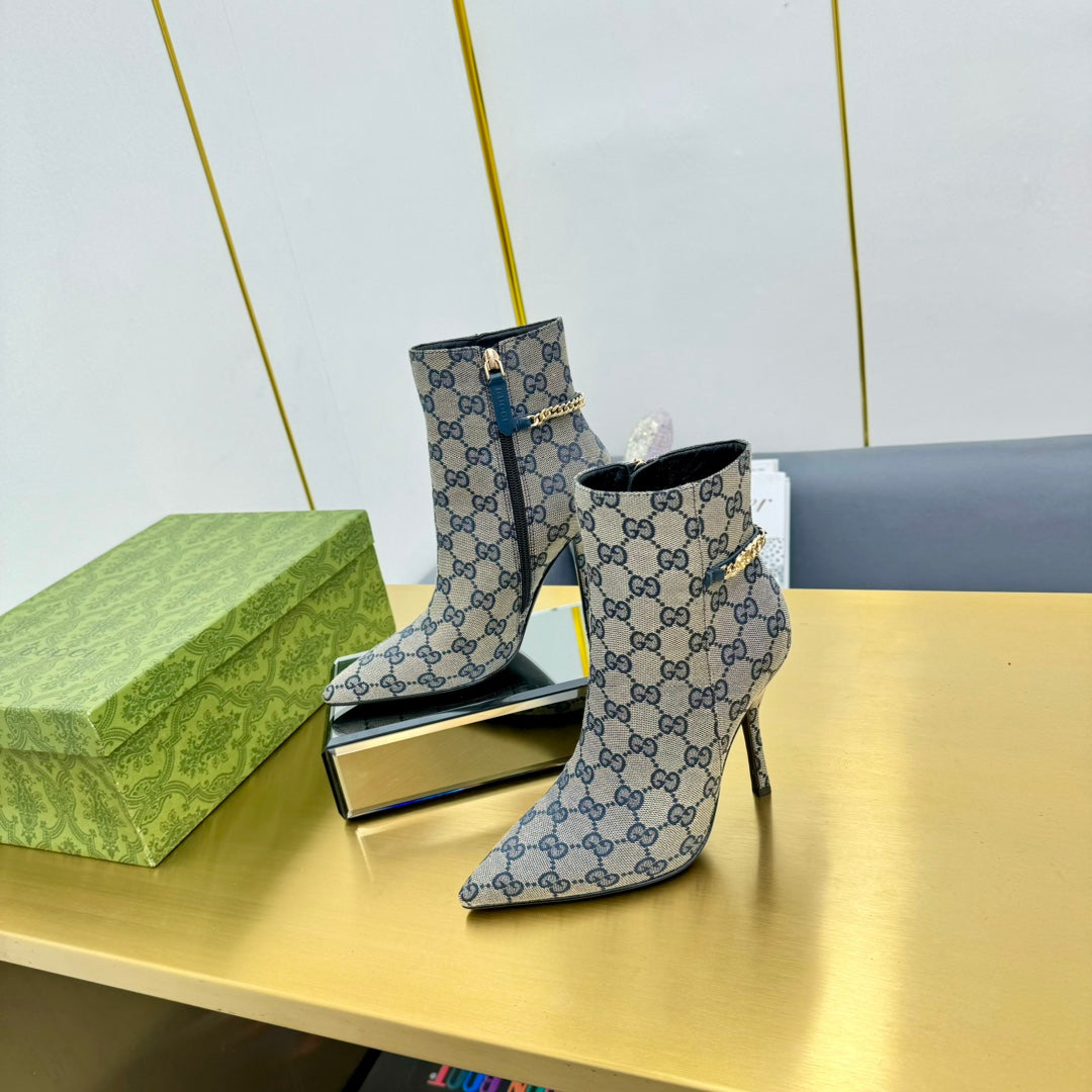 GG SIGNORIA ANKLE BOOT IN PALE GRAY MONOGRAM CANVAS