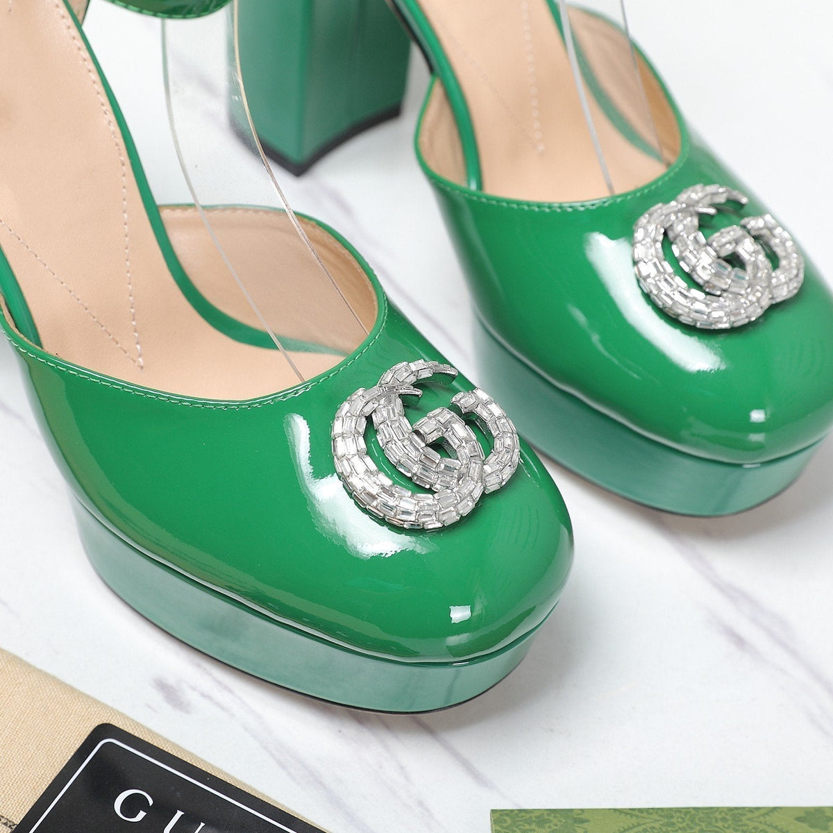 platform pump with double g green patent leather