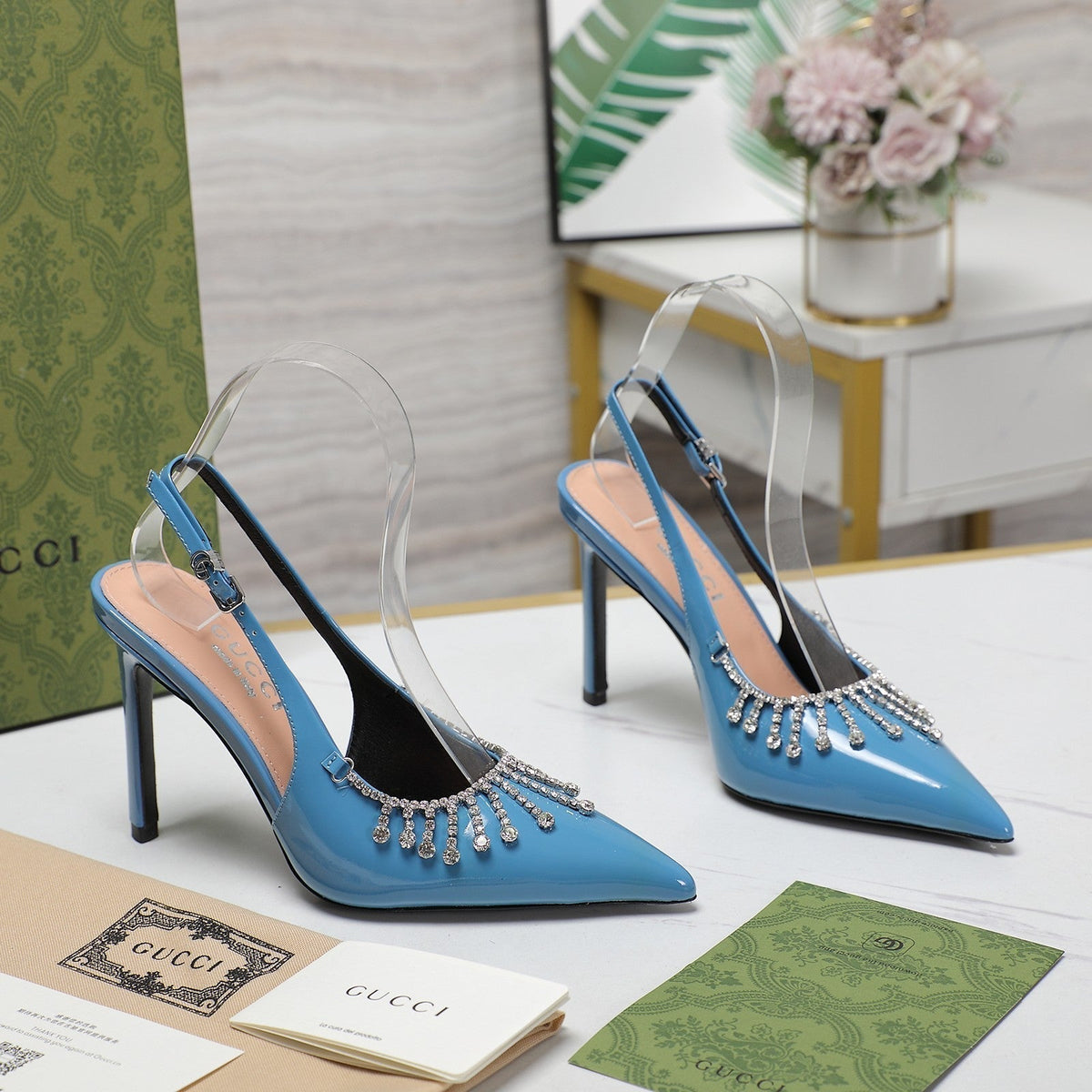 GG CRYSTAL HIGH HEEL SANDAL CERULEAN LAMBSKIN
