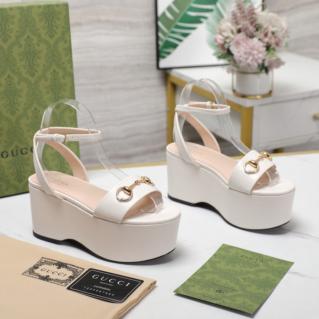 GG  Horsebit Wedges Sandals White