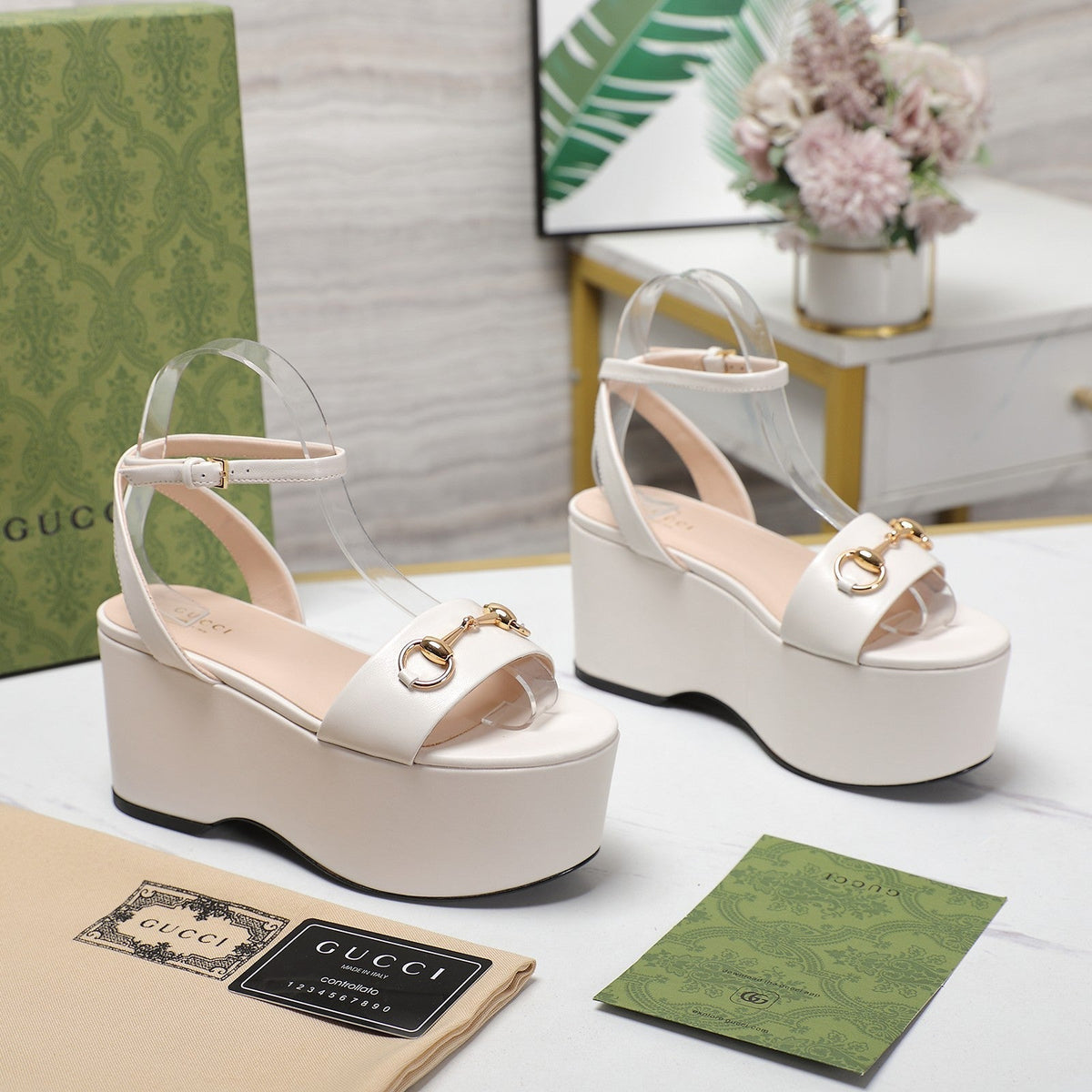 GG  Horsebit Wedges Sandals White