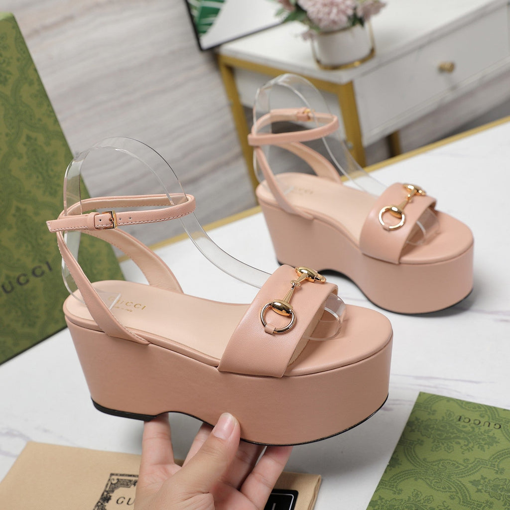 GG  Horsebit Wedges Sandals Pink