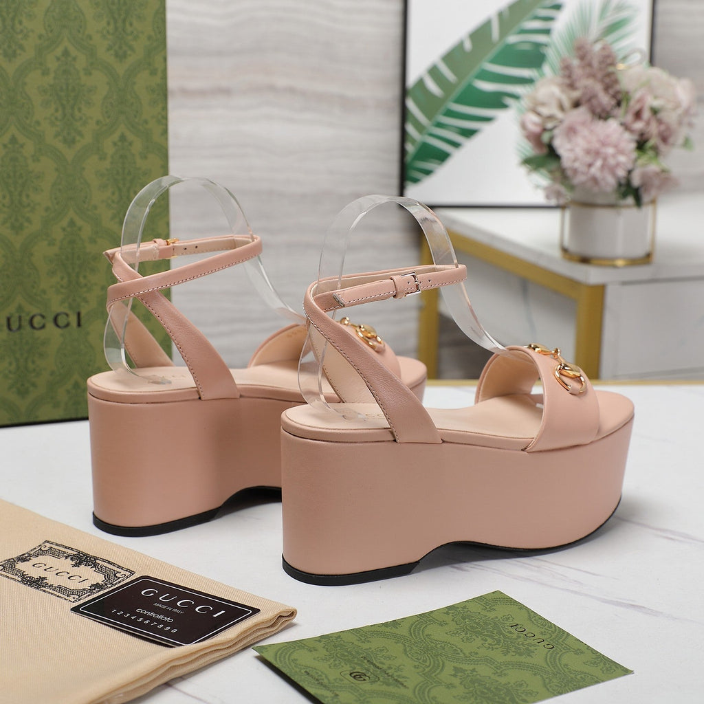 GG  Horsebit Wedges Sandals Pink