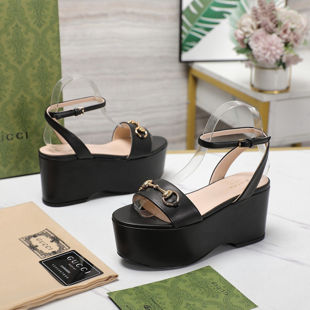 GG  Horsebit Wedges Sandals Black