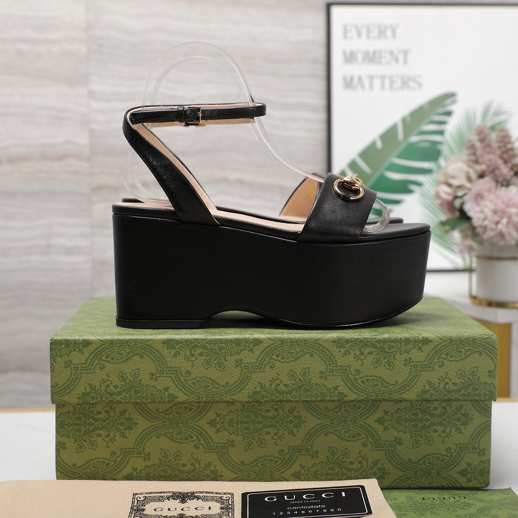 GG  Horsebit Wedges Sandals Black
