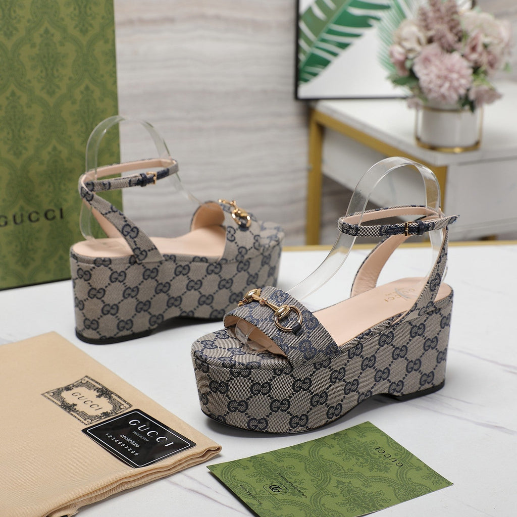 GG  Horsebit Wedges Sandals Grey
