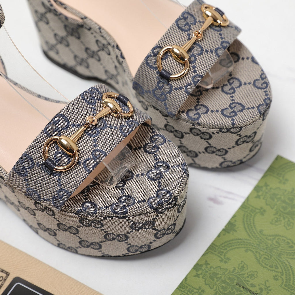 GG  Horsebit Wedges Sandals Grey