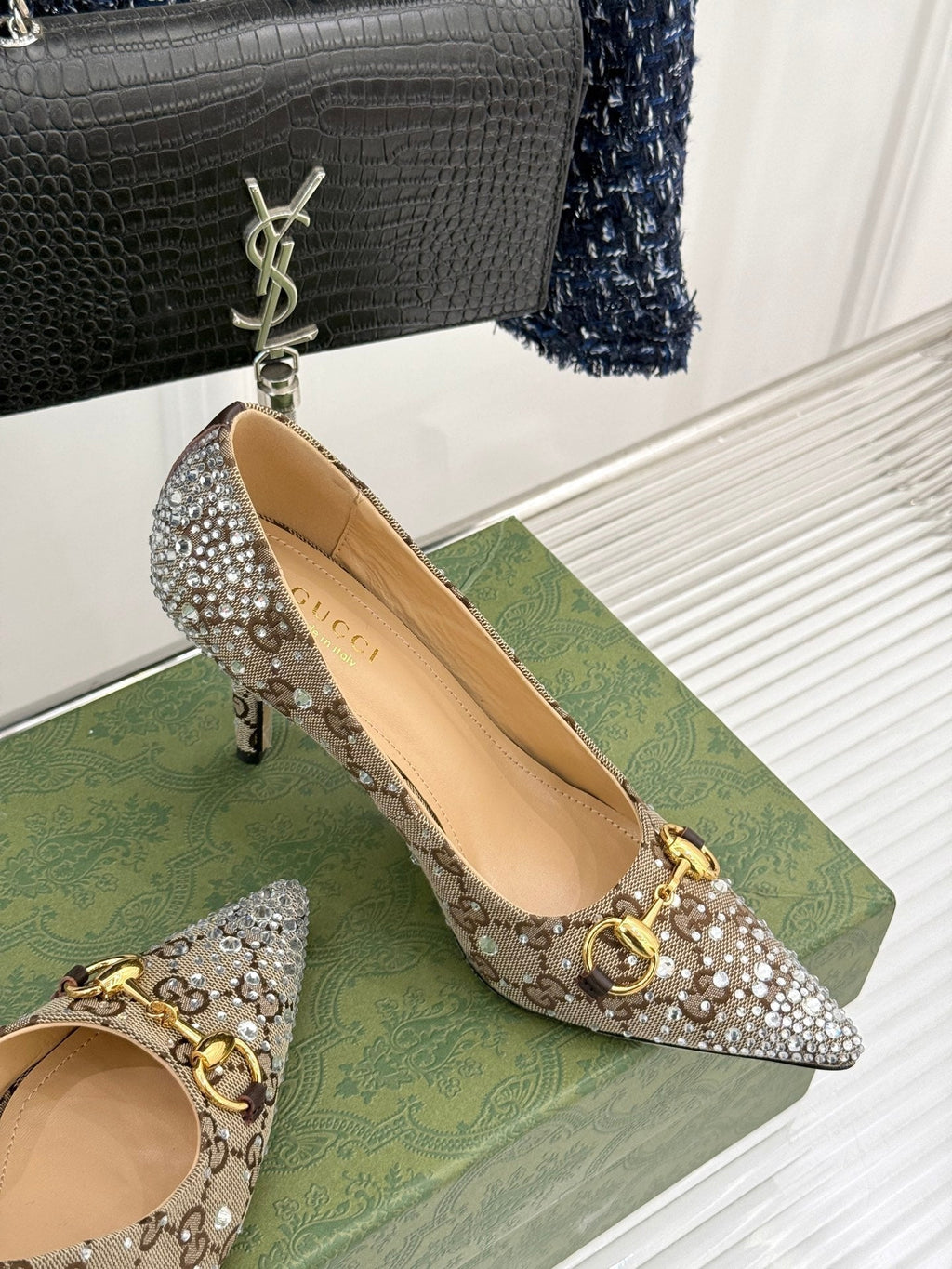 GG Pump 85 Beige Ebony Canvas Crystal-Embellished