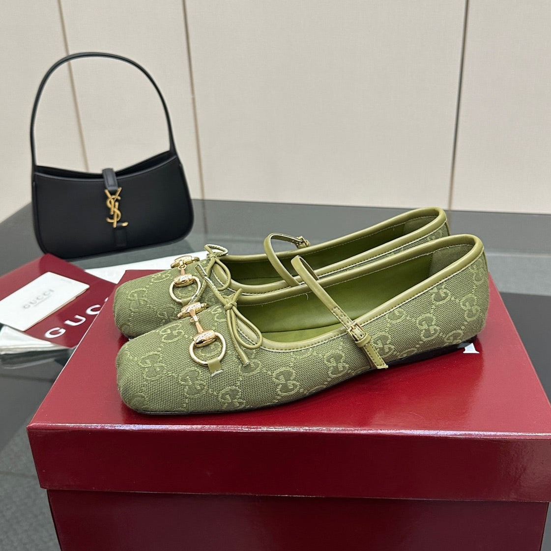 GC 25 Horsebit Ballet Flat Green Monogram Canvas