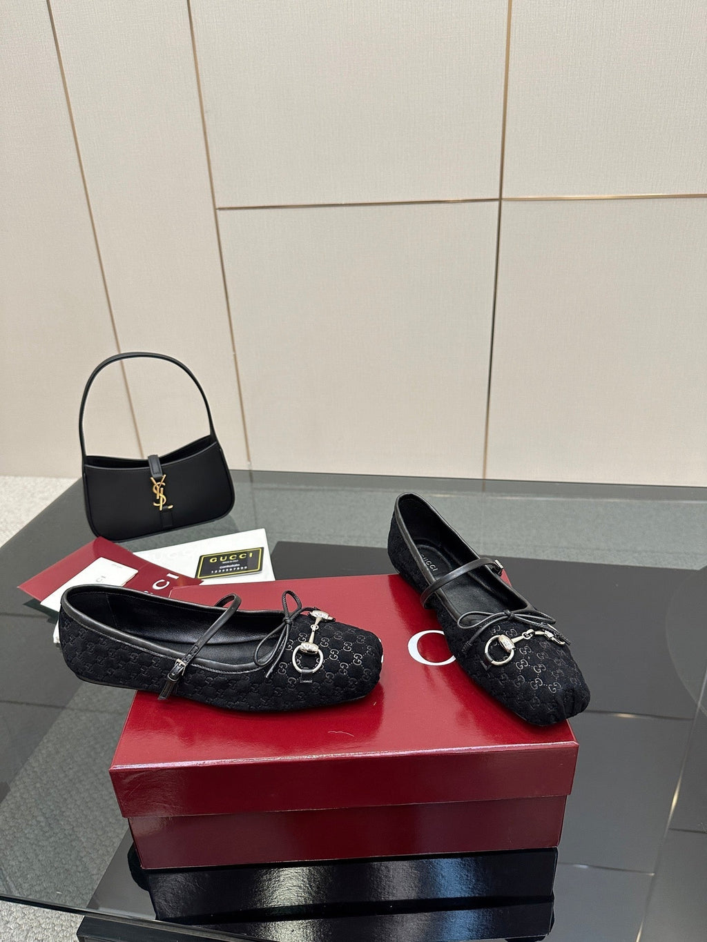 GC 25 Horsebit Ballet Flat Black Monogram Suede