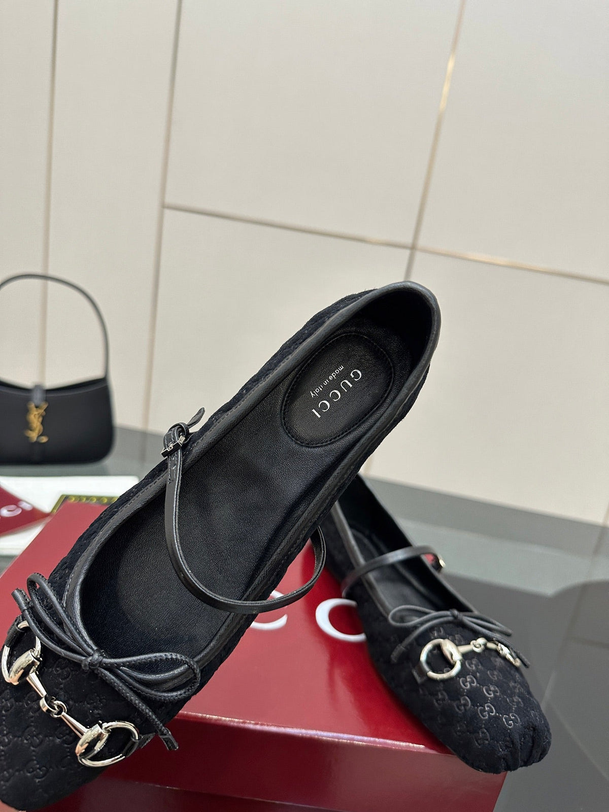 GC 25 Horsebit Ballet Flat Black Monogram Suede