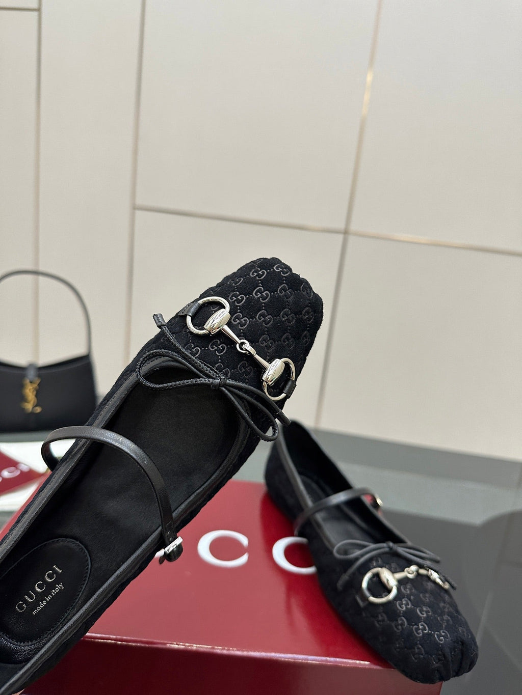 GC 25 Horsebit Ballet Flat Black Monogram Suede