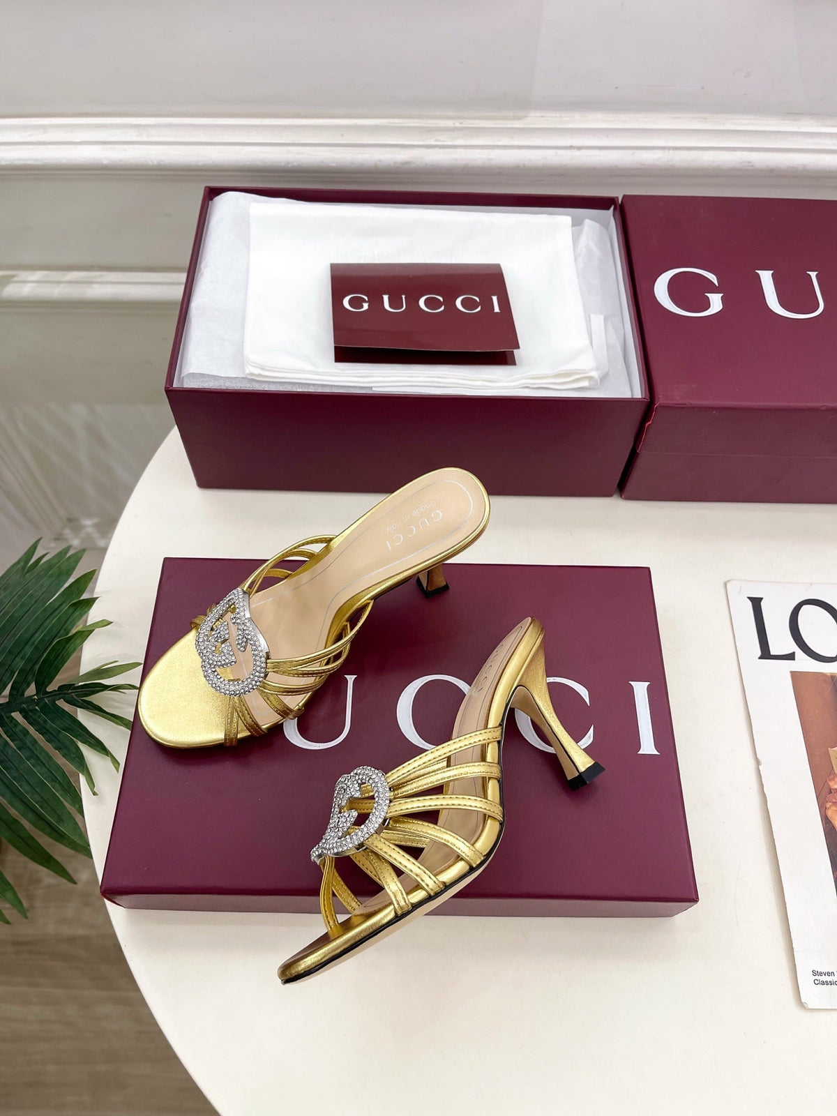 GG 26 High-Heeled Mules 85 Gold Metallic Leather 587087