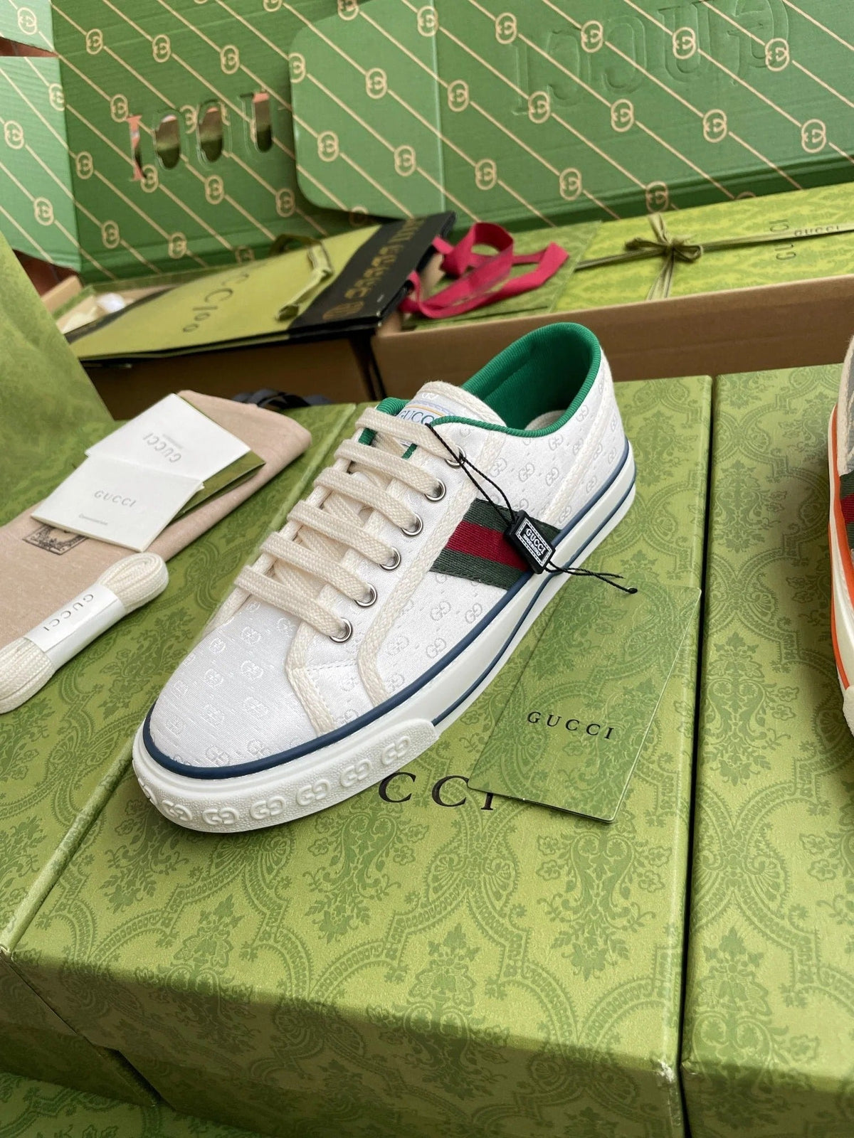 GG 26 Platform Sneaker White Green Monogram Canvas 632829