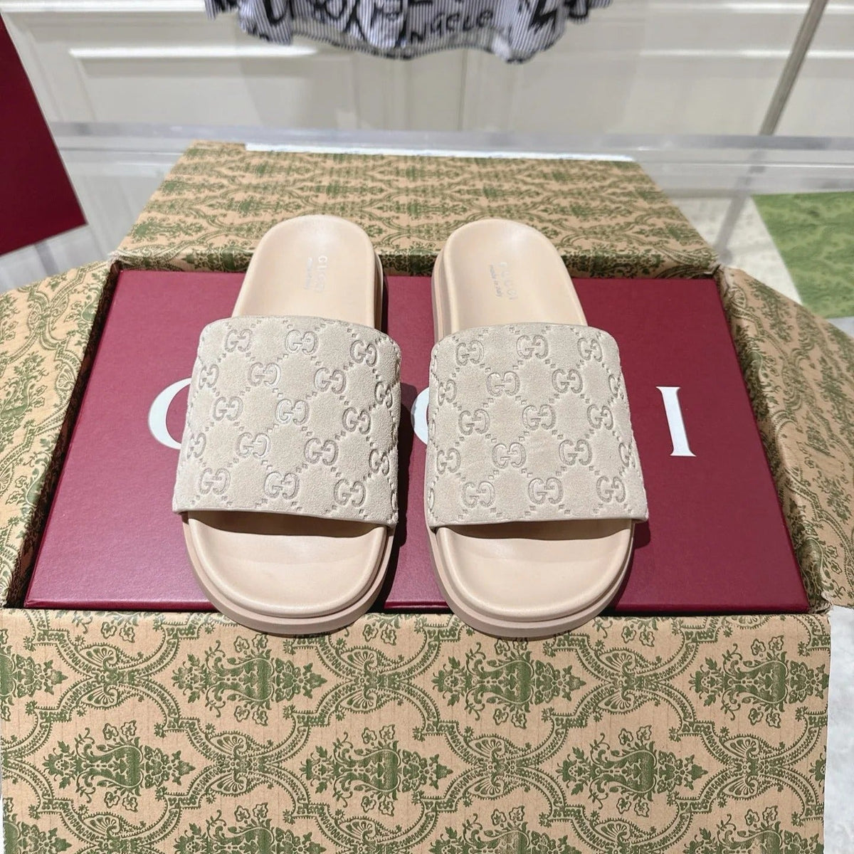 GG SLIDES IN NUDE BEIGE SUEDE WITH EMBOSSED LOGO STYLE 2