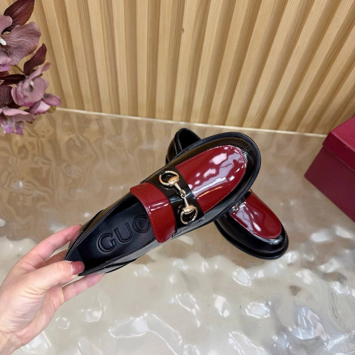 GG 26 Horsebit Loafers Black Red Sheepskin 589464