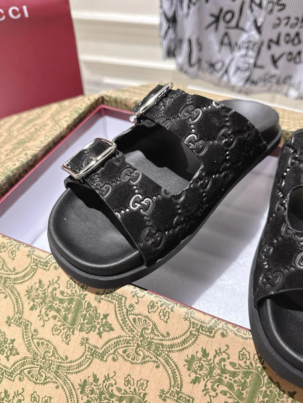 SANDALS IN BLACK SUEDE EMBOSSED LOGO SILVER HARDWARE