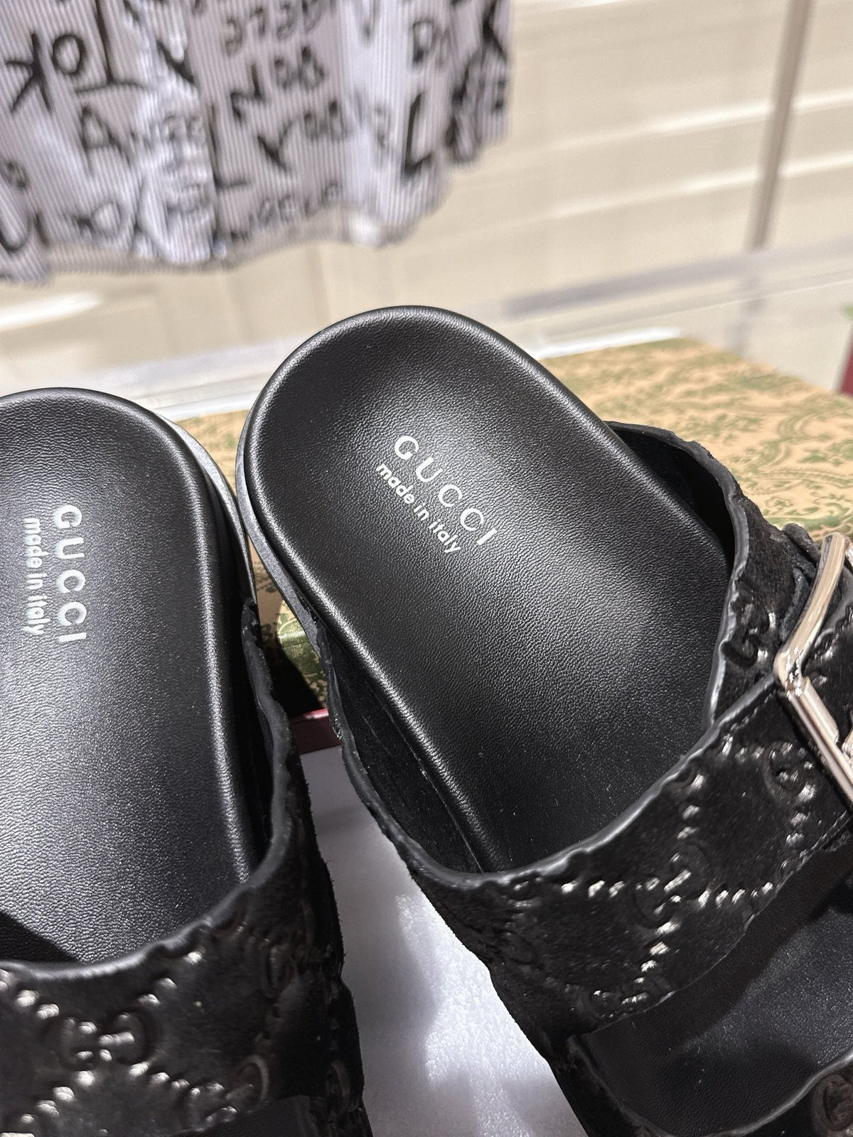 SANDALS IN BLACK SUEDE EMBOSSED LOGO SILVER HARDWARE