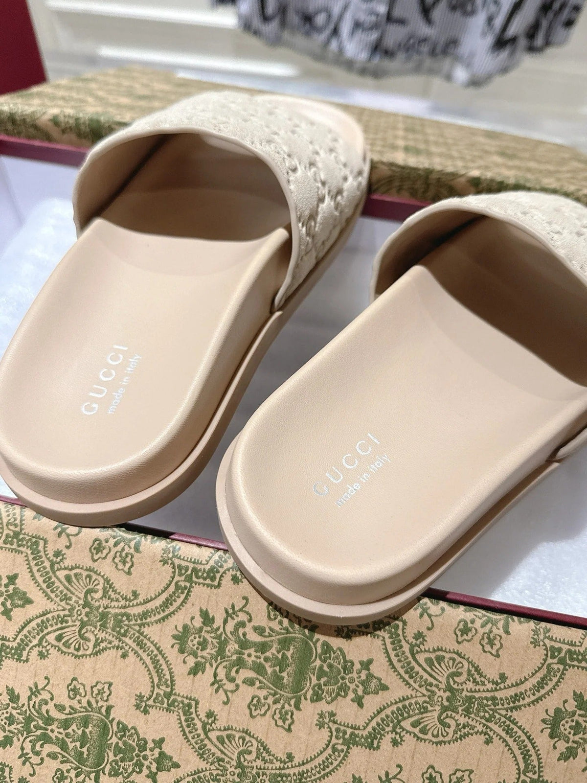 GG SLIDES IN NUDE BEIGE SUEDE WITH EMBOSSED LOGO STYLE 2
