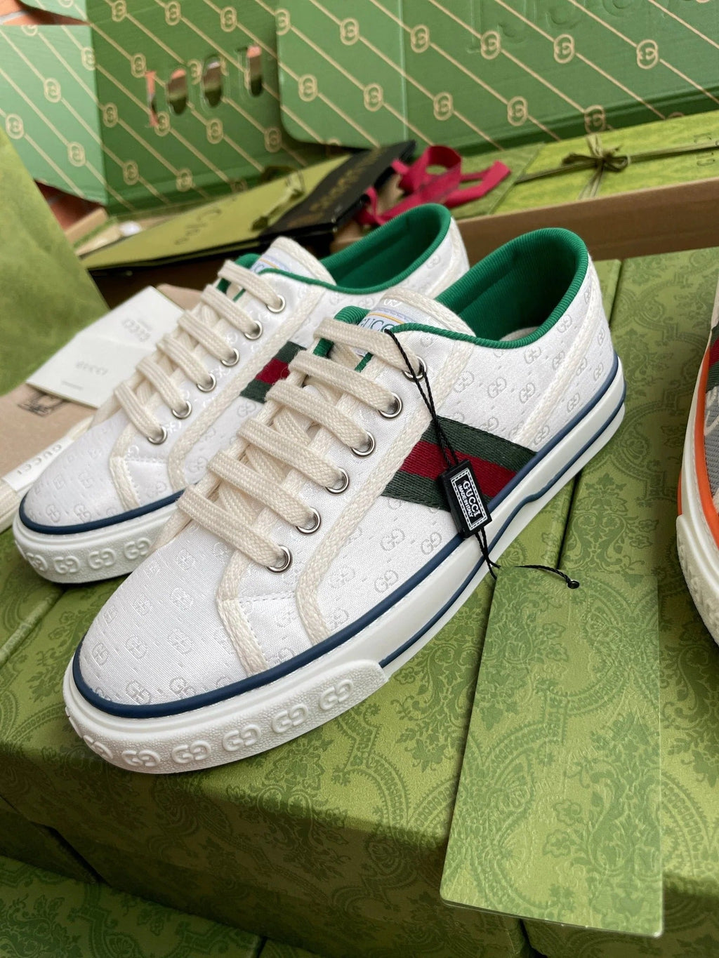 GG 26 Platform Sneaker White Green Monogram Canvas 632829