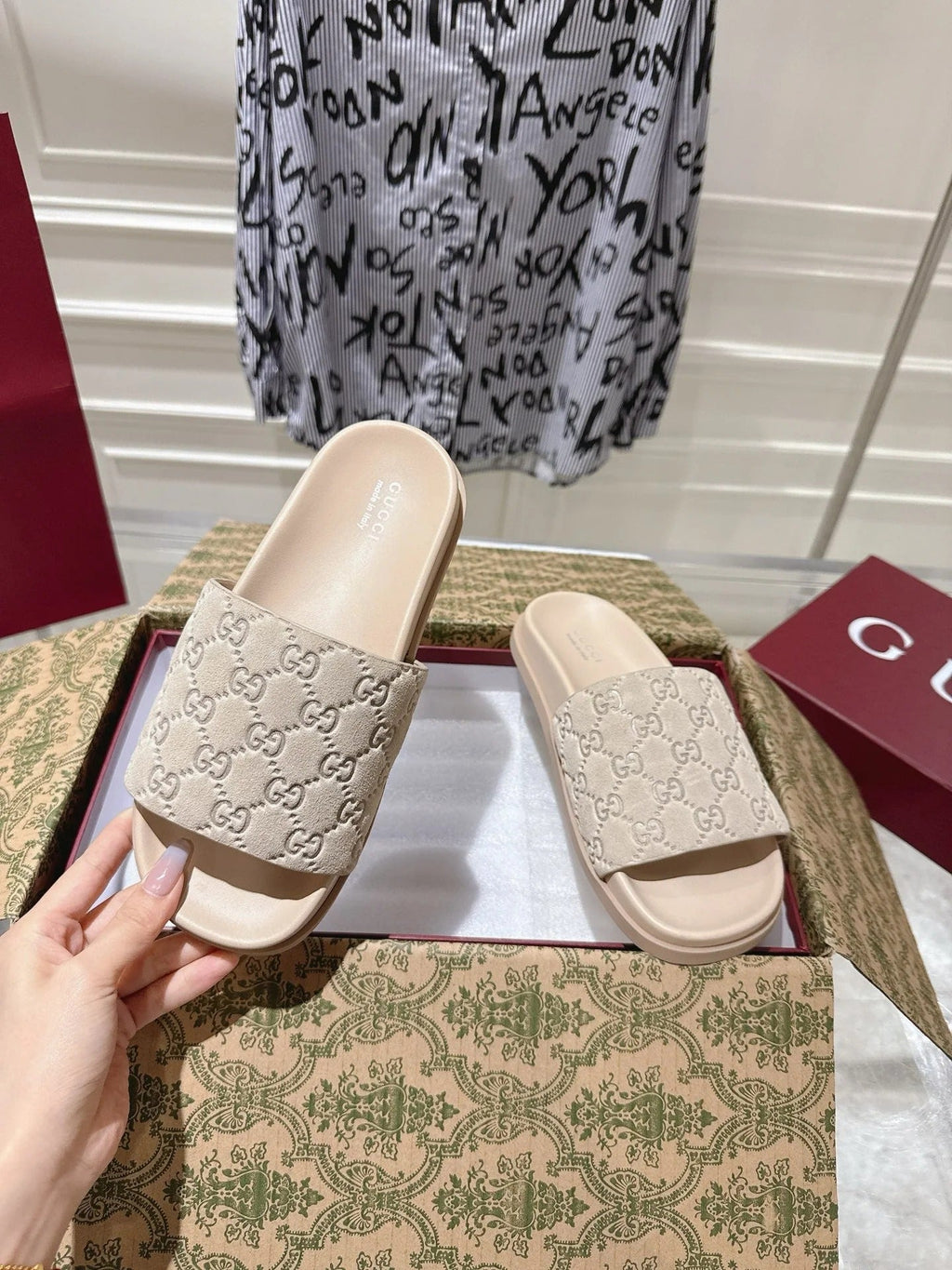 GG SLIDES IN NUDE BEIGE SUEDE WITH EMBOSSED LOGO STYLE 2