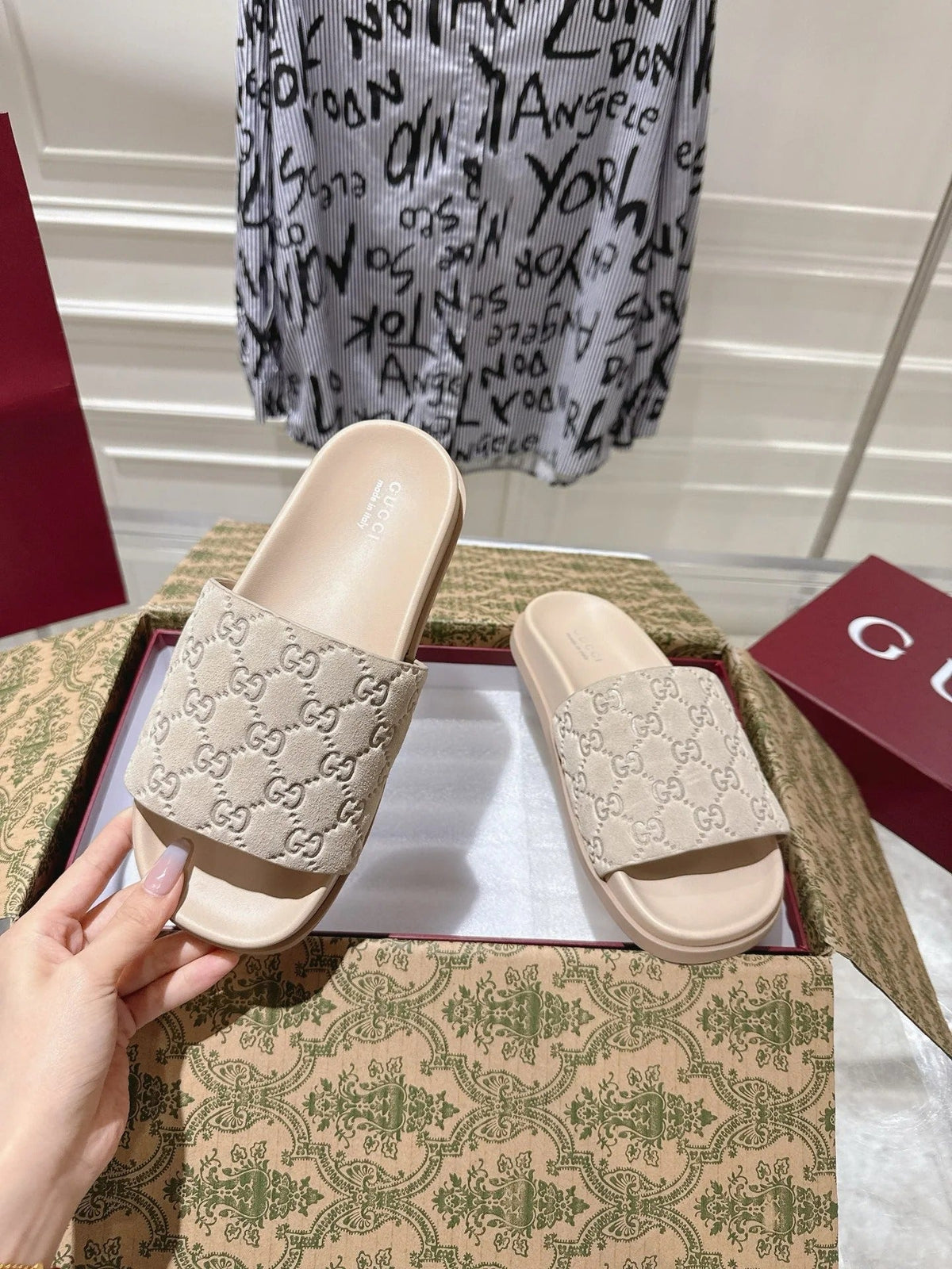 GG SLIDES IN NUDE BEIGE SUEDE WITH EMBOSSED LOGO STYLE 2
